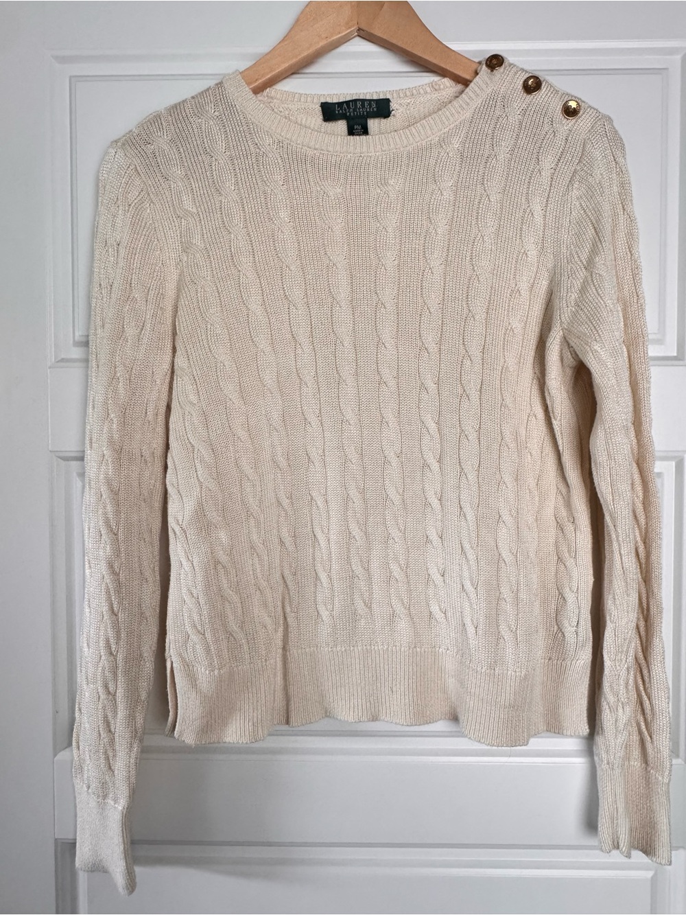 Lauren Ralph Lauren Cream Cable-Knit Crewneck Sweater with gold button detail